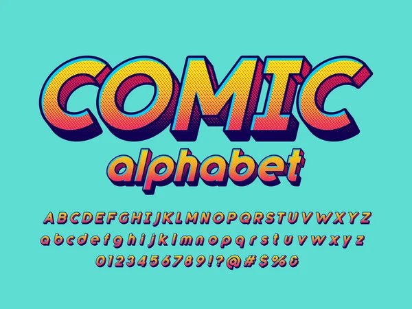 Modèle Alphabet Demi Teinte Comique Avec Majuscules Minuscules Chiffres Symboles — Image vectorielle