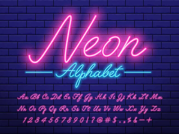 Glowing Neon Desain Alfabet Ringan Dengan Huruf Besar Huruf Kecil - Stok Vektor