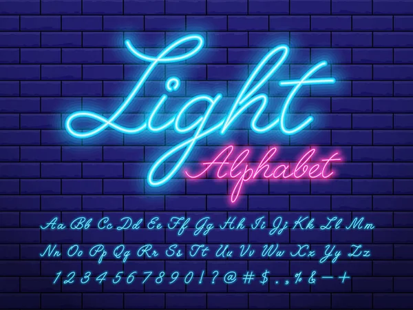 Lumineux Néon Conception Alphabet Lumineux Avec Majuscules Minuscules Chiffres Symboles — Image vectorielle