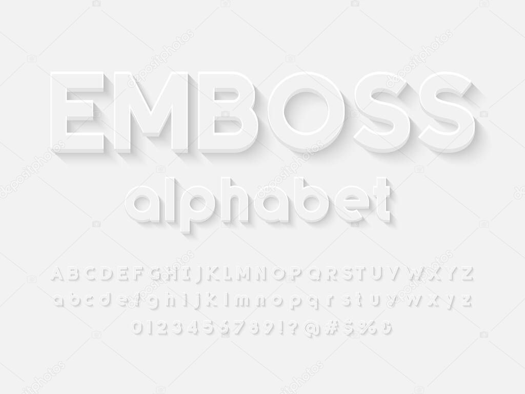 Modern embossed alphabet design with uppercase, lowercase, numbers and symbols