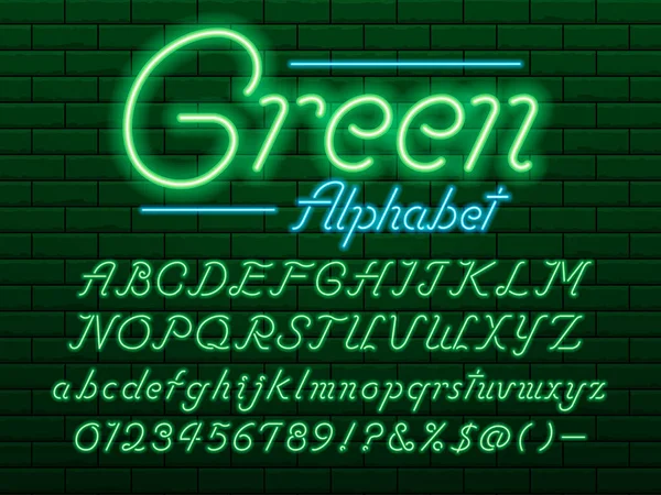 Leuchtendes Neonlicht Alphabet Design Mit Großbuchstaben Kleinbuchstaben Zahlen Und Symbolen — Stockvektor