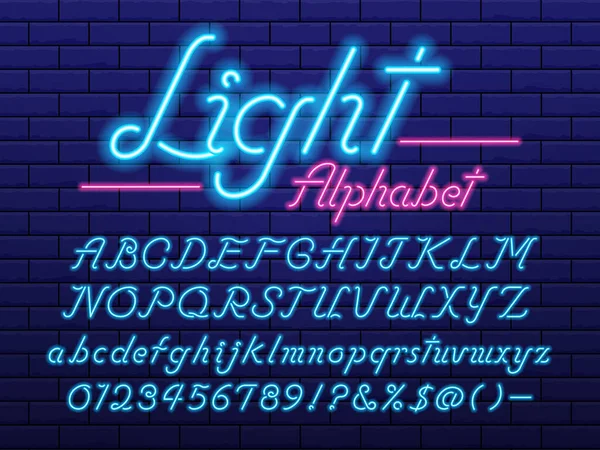 Zářící Neonová Světlá Abeceda Velkými Písmeny Malými Písmeny Čísly Symboly — Stockový vektor