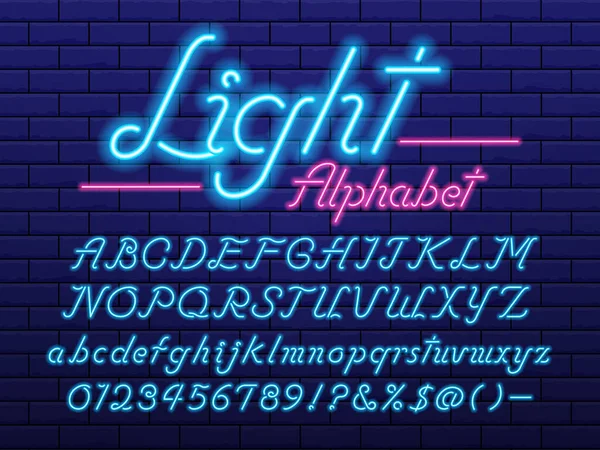 Lumineux Néon Conception Alphabet Lumineux Avec Majuscules Minuscules Chiffres Symboles — Image vectorielle