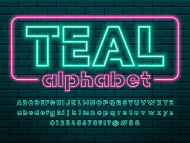 Büyük, küçük, sayılar ve sembollerle parlayan neon ışıklı alfabe tasarımı