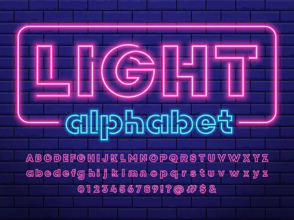 Gloeiend Neon Licht Alfabet Ontwerp Met Hoofdletters Kleine Letters Cijfers — Stockvector