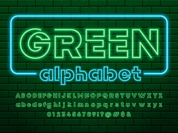 Ragyogó Neon Fény Ábécé Design Nagybetűkkel Kisbetűkkel Számokkal Szimbólumokkal — Stock Vector