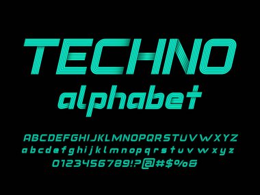 Büyük harf, küçük harf, sayı ve sembol ile modern stilize alfabe tasarımı