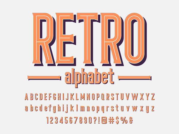 vintage styled alphabet design with uppercase, lowercase, numbers and symbols