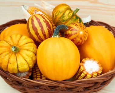 Kırpma pumpkins, Vietnamca kavun, Mısır ahşap arka plan, hasat kavramı, closeup, tarih gerdanlı sepet içinde döşeme