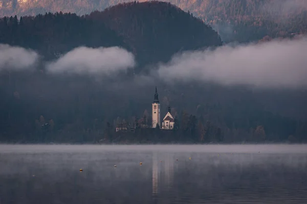 Bled, beautiful foggy lake in the alps