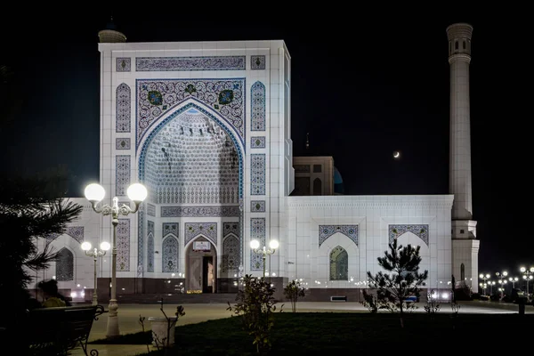 Fehér Mecset Minareteket Fekete Éjszaka Egy Félhold Ragyogó Fények Épület — Stock Fotó