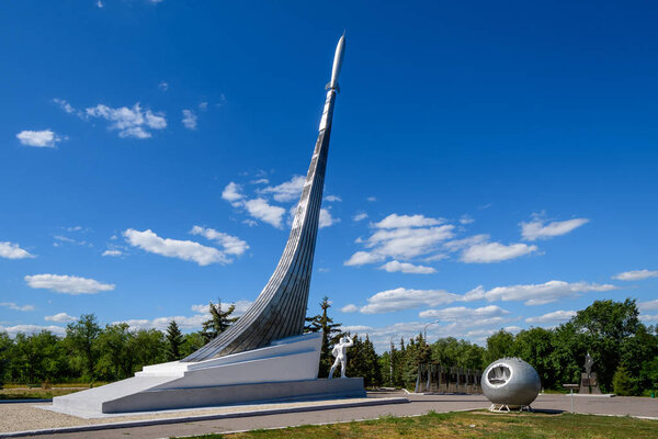SMELOVKA, SARATOV, RUSSIA - JULY 2019: Place of landing of the first cosmonaut Yuri Gagarin. Stella and Monument.