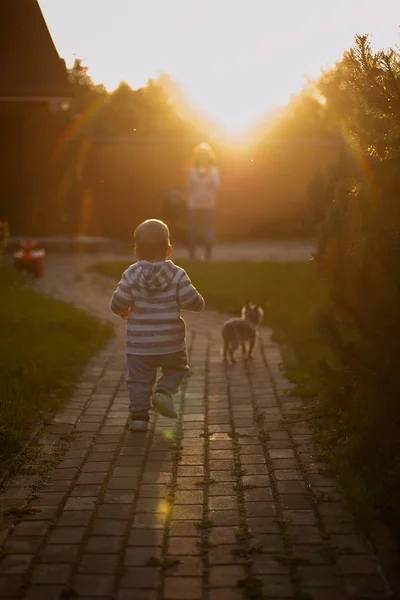 Liten Springpojke Utomhus — Stockfoto