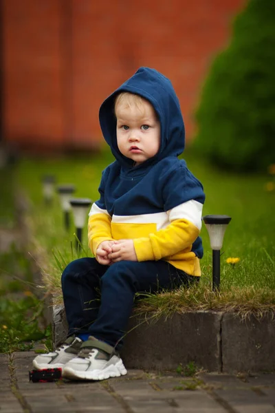 Kleine Jongen Met Speelgoed Auto Natuur — Stockfoto