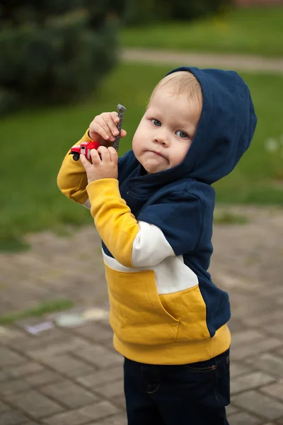 Mały Chłopiec Zabawkowymi Samochodami Przyrodzie — Zdjęcie stockowe