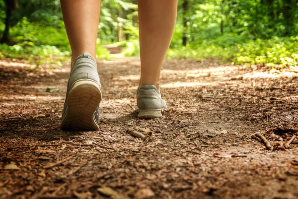 Donna Sta Camminando Attraverso Sentiero Soleggiato Nel Bosco Fare Bagno — Foto Stock