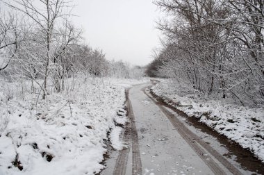 gün boyunca citysnowy Road şehirde araba kar kış yol