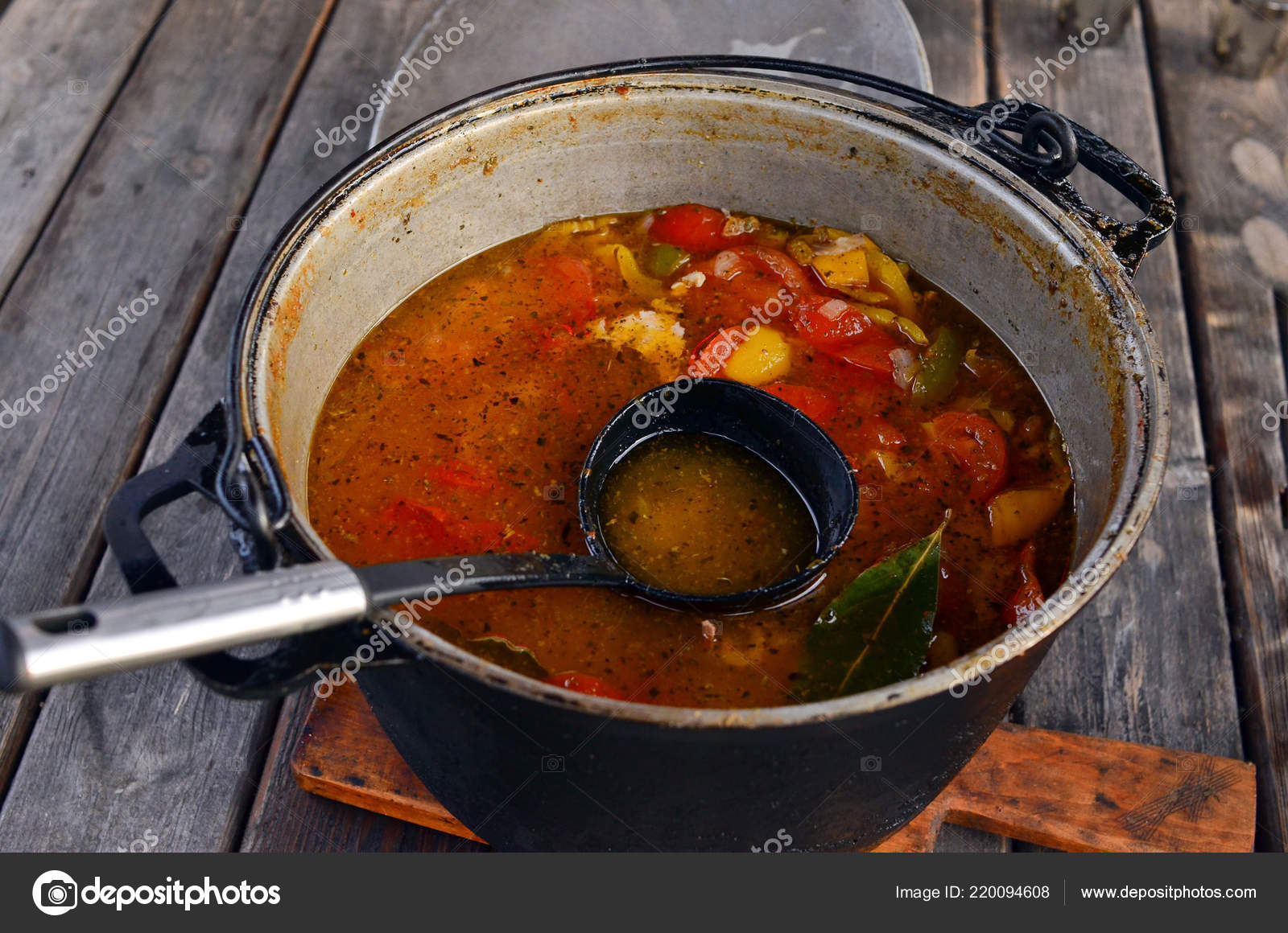 Large Saucepan Black Ladle Gourmet Soup Tomatoes Peppers Cooking