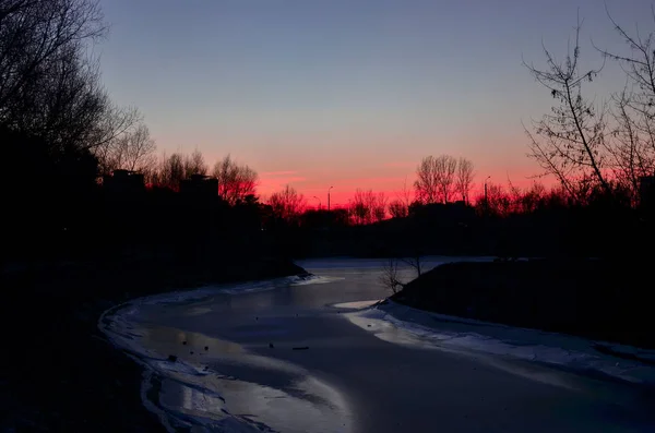 Sunset winter river landscape. Frozen river winter sunset snow horizon panorama. Winter frozen river sunset horizon view. Watercolor winter landscape.