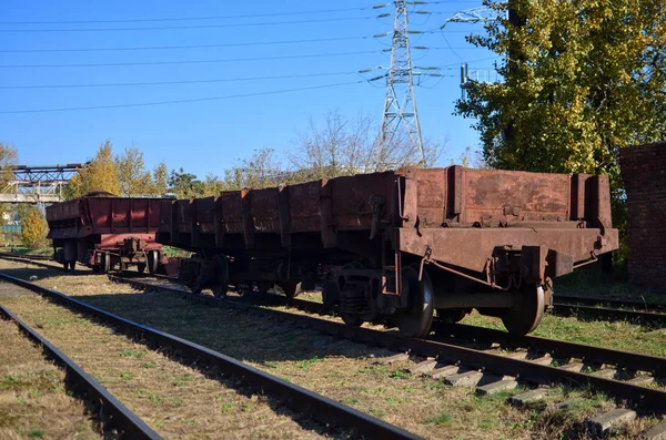 Cargo wagons on railway station. Wagons with goods on railroad. Heavy industry. Industrial landscape with train, railway platfform at sunset.  Depot