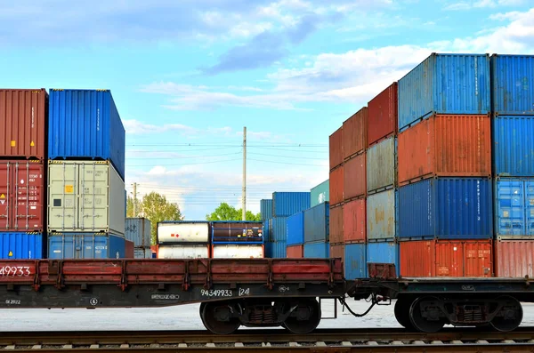 Cargo dock terminal with sea containers. logistic warehouse port of shipping container for the subsequent sorting, loading and sending them on freight railway cars or trucks to the client - Image