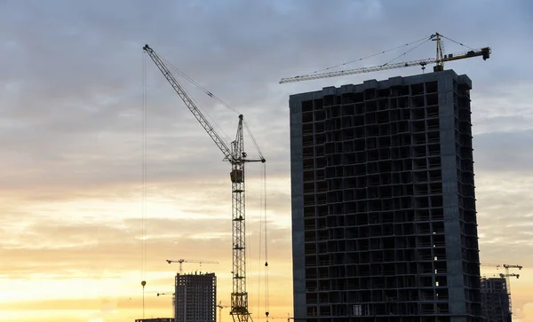 Tower cranes and building silhouette at construction site on sunset background. Concept of the renovation program. Buildings industry.