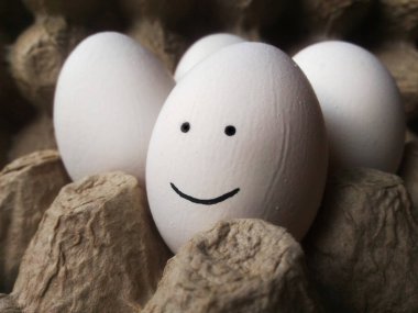 bir kutu içinde koyu arka plan tavuk yumurta yumurta gülümse