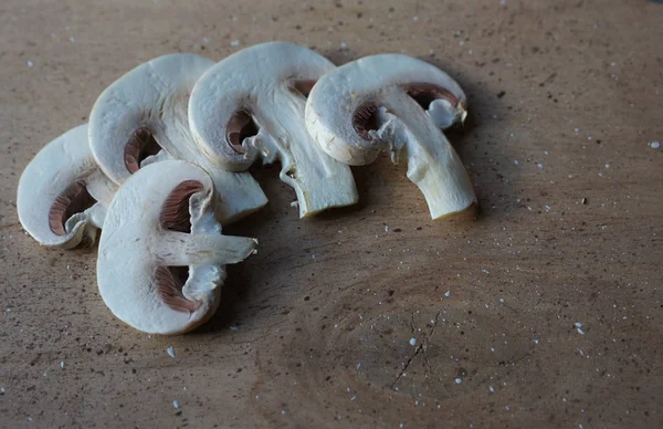 Sliced Mushrooms Champignons Wooden Board Brown — Stock Photo, Image