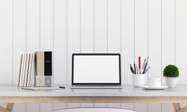 Laptop görüntülemek için mockup beyaz oda, 3B oluşturma tablo