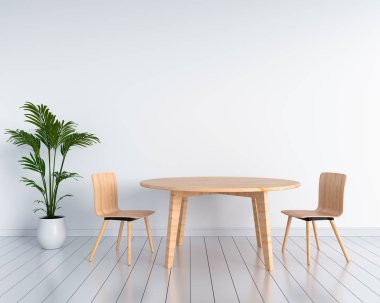Ahşap sandalye ve masa beyaz odada. 3D render 
