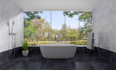 Doğa görünümü ve mavi gökyüzü, 3d render ile iç küvet banyo
