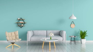 kanepe, rampa, çiçek, masası, oturma odasında, 3d render raflar