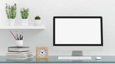Bilgisayar göster mockup beyaz oda, 3B oluşturma tablo için