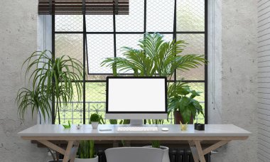 Bilgisayar için mockup tablo görüntülemek ve 3d render, Odaya bitki