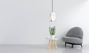 Beyaz salon ve metin, 3d render için boş alan gri kanepe