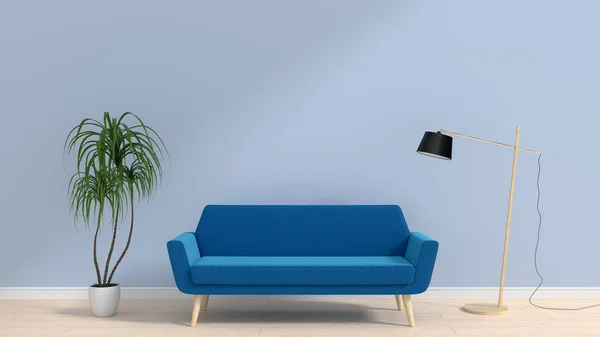 blue sofa and lamp in grey room, 3D rendering