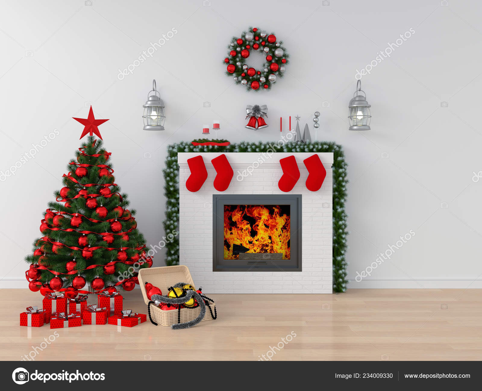 Download Christmas Tree Fireplace White Room Mockup Rendering Stock Photo Image By C Wuttichaijanglab 234009330