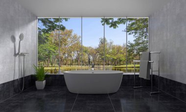 Doğa görünümü ve mavi gökyüzü, 3d render ile iç küvet banyo