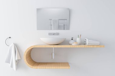 Ahşap raf ve ayna duvar, 3d render beyaz Havzası