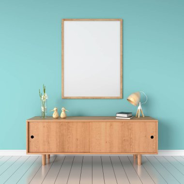 Büfe ve boş fotoğraf çerçevesi mockup duvar, 3d render için