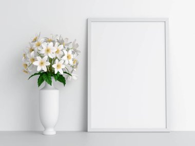 Mockup ve çiçek katta, 3d render için boş fotoğraf çerçevesi