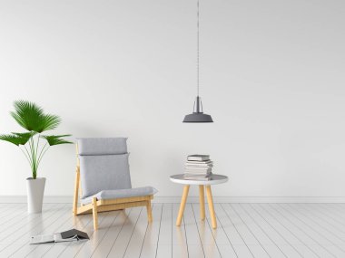 Beyaz Oda ve mockup, 3d render için boş alan gri sandalye