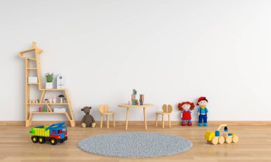 Masa ve sandalye mockup, 3d render için beyaz çocuk odasında