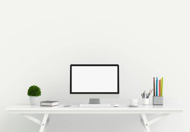 Bilgisayar göster mockup beyaz oda, 3B oluşturma tablo için 