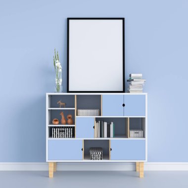 Mockup, 3d render için kabin üzerindeki boş fotoğraf çerçevesi