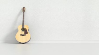 Gitar beyaz odada, 3d render ahşap zemin üzerinde