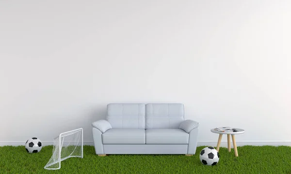 sofa on grass in white living room and blank space for text, 3D rendering