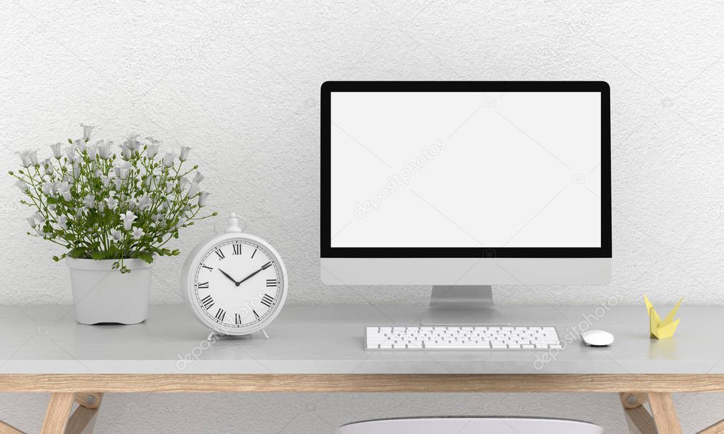 Computer display for mockup on table in white room, 3D rendering