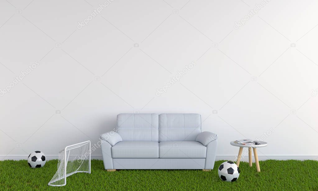 sofa on grass in white living room and blank space for text, 3D rendering