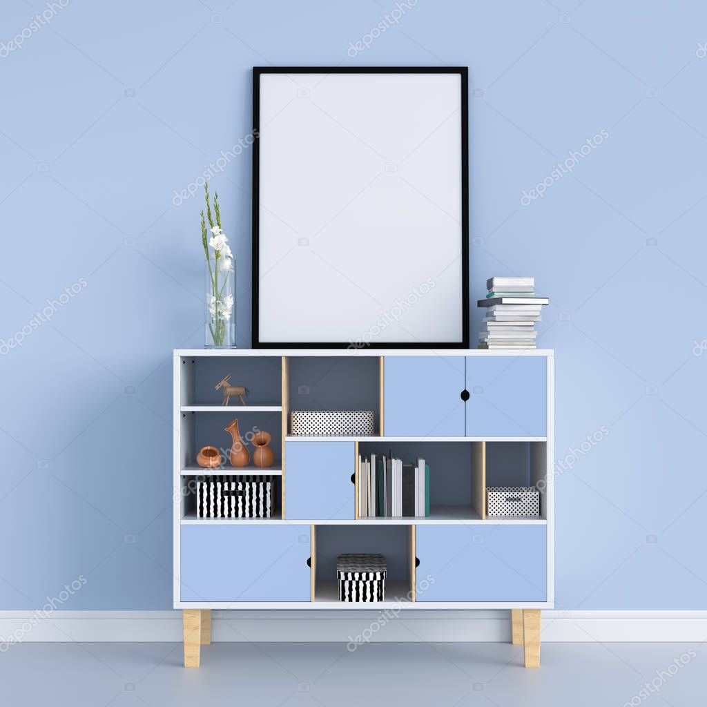 Blank photo frame on the cabinet for mockup, 3D rendering